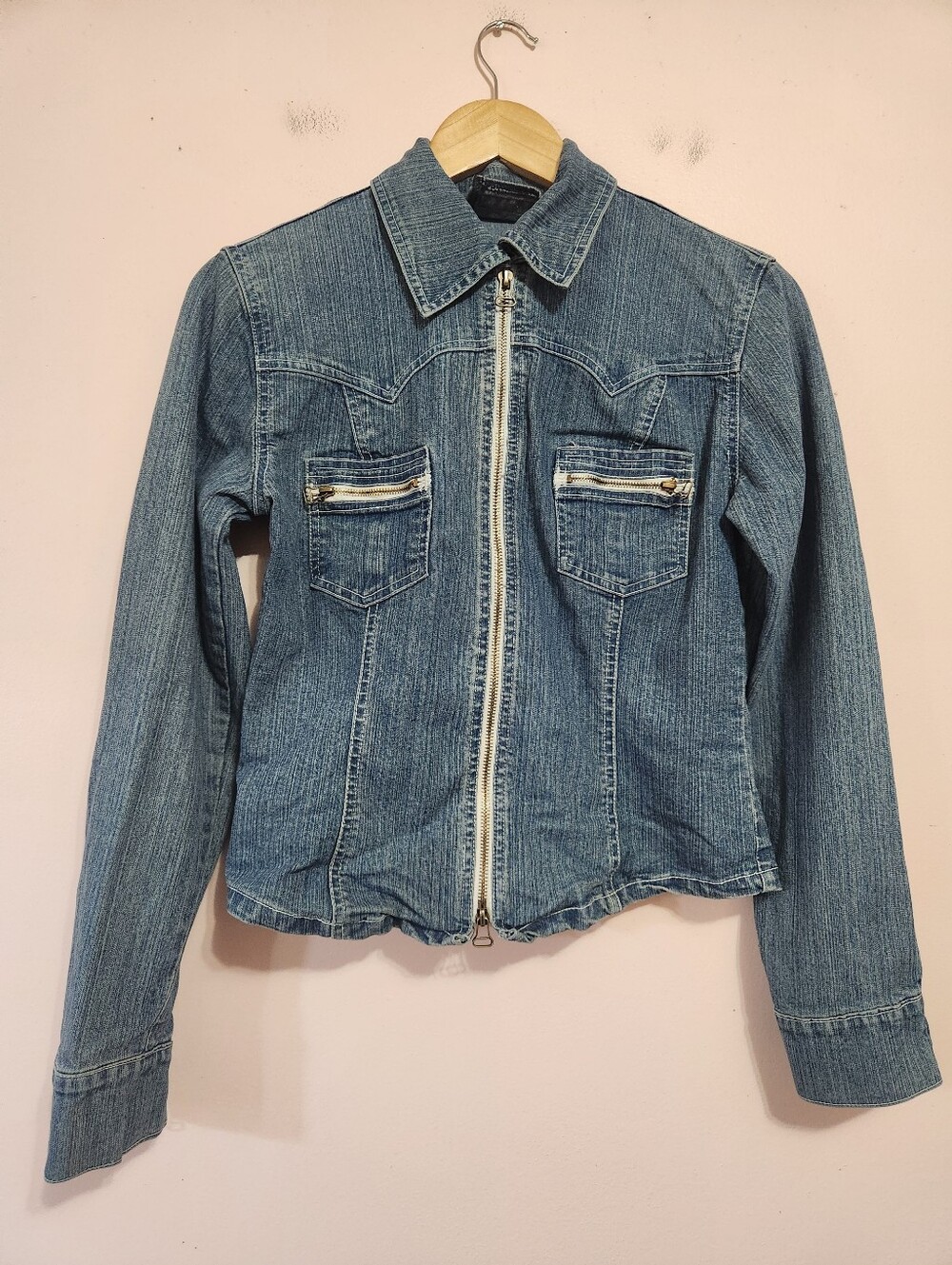 Y2K Vintage Nitro Stretch Utility Zip-Up Fitted Denim Jacket Grunge Mid Wash S